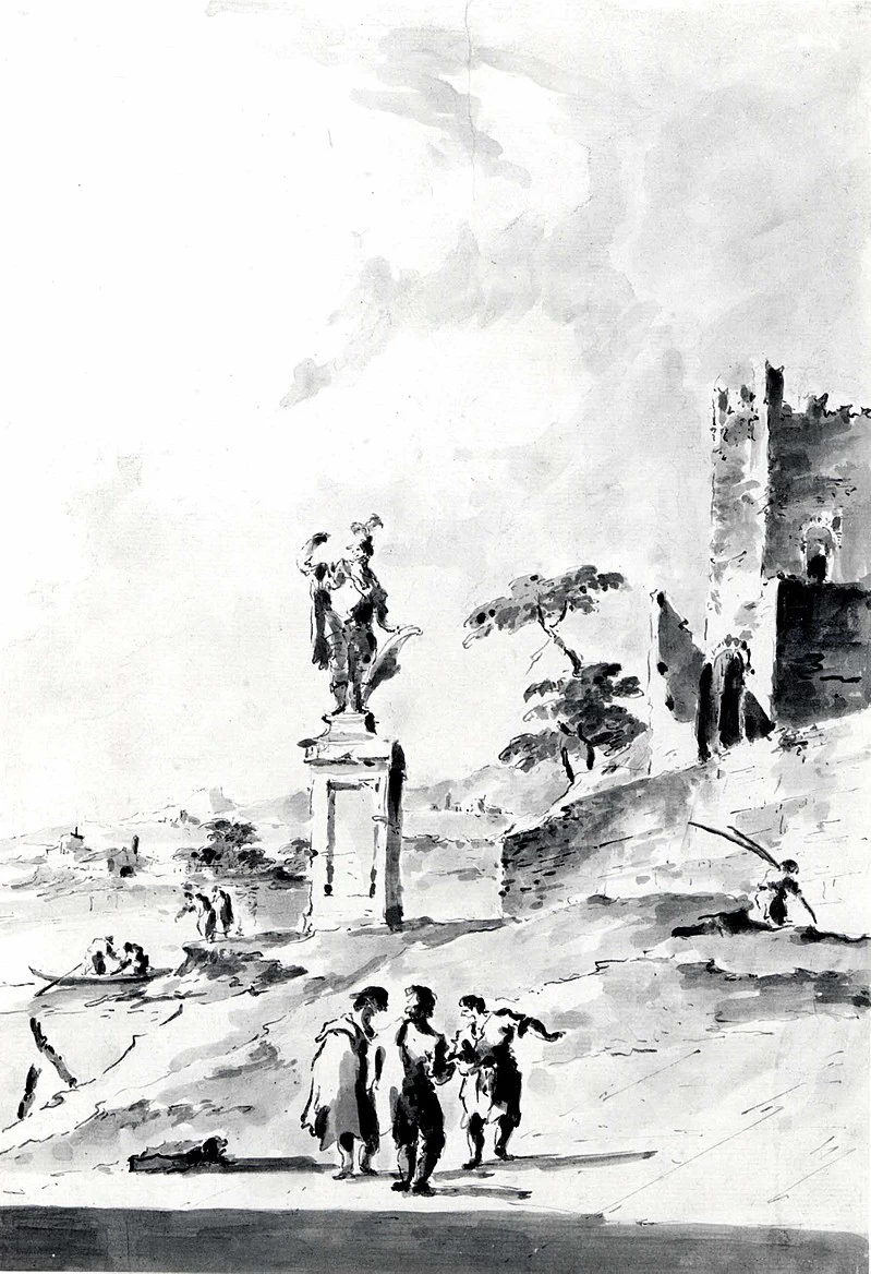 Capriccio con statua di guerriero e castello in rovina in riva alla laguna